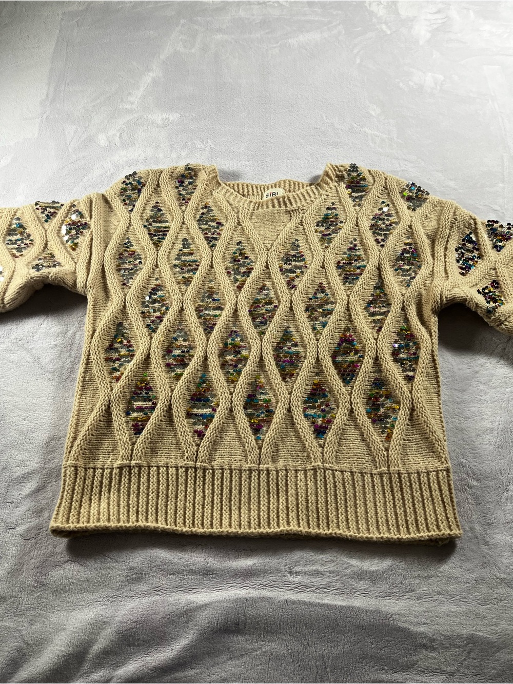 Bibi Beige Cable Knit Sweater with Multicolor Inset Multicolor Sequins Size XL - Picture 1 of 15
